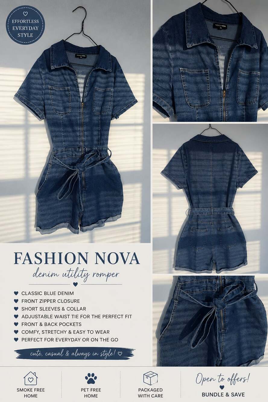 Fashion Nova Blue Denim Short Utility Romper with Front Zip and Belt Size XL